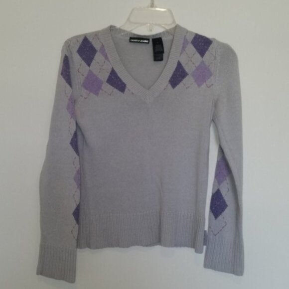 Sweater Argyle V Neck DKNY Jeans Gray Purple Women's WOMAN'S Medium - Picture 9 of 10